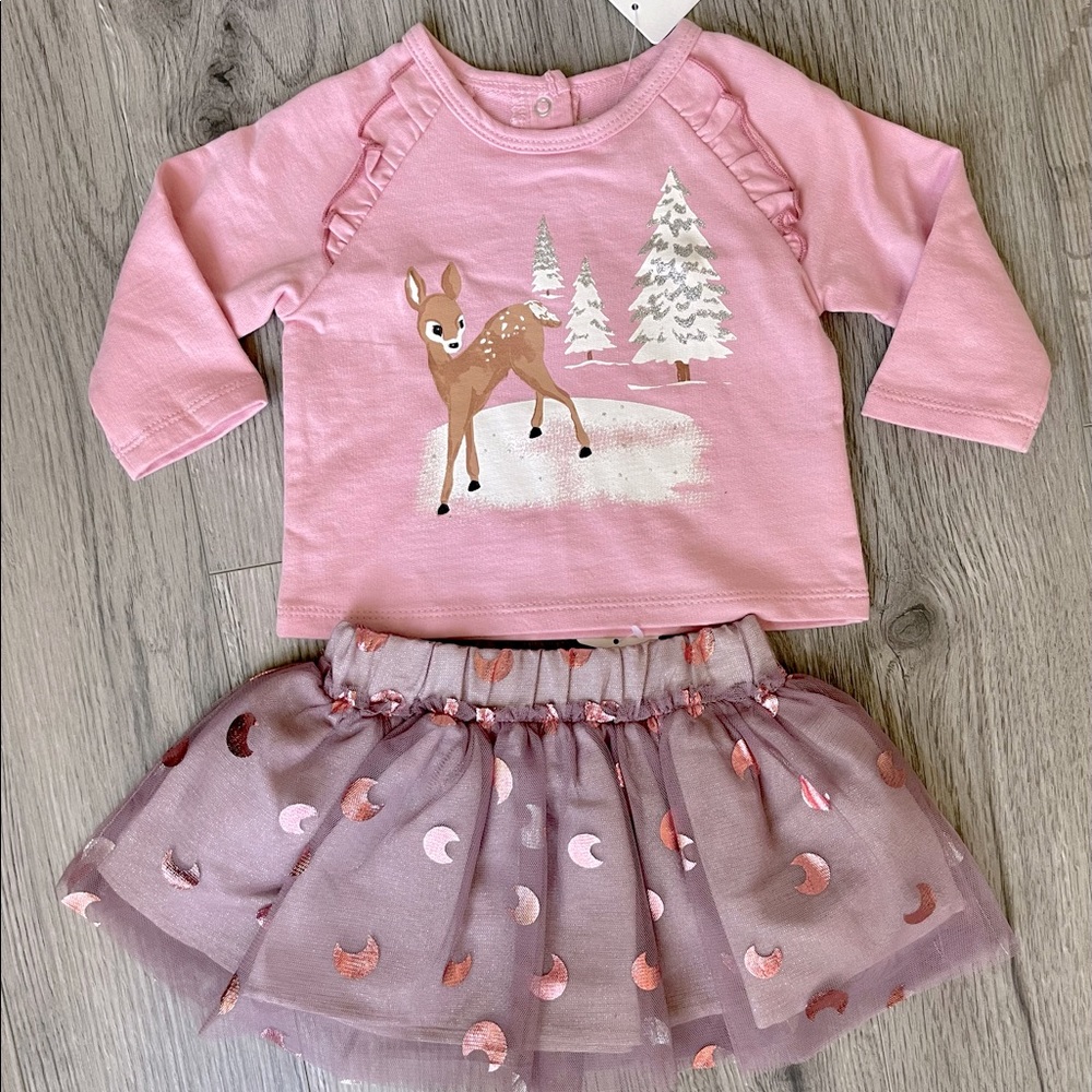Peek Baby Girl Top Tutu Skirt 3-6 M Pink Christmas Holiday Winter Ruffle Set NWT
